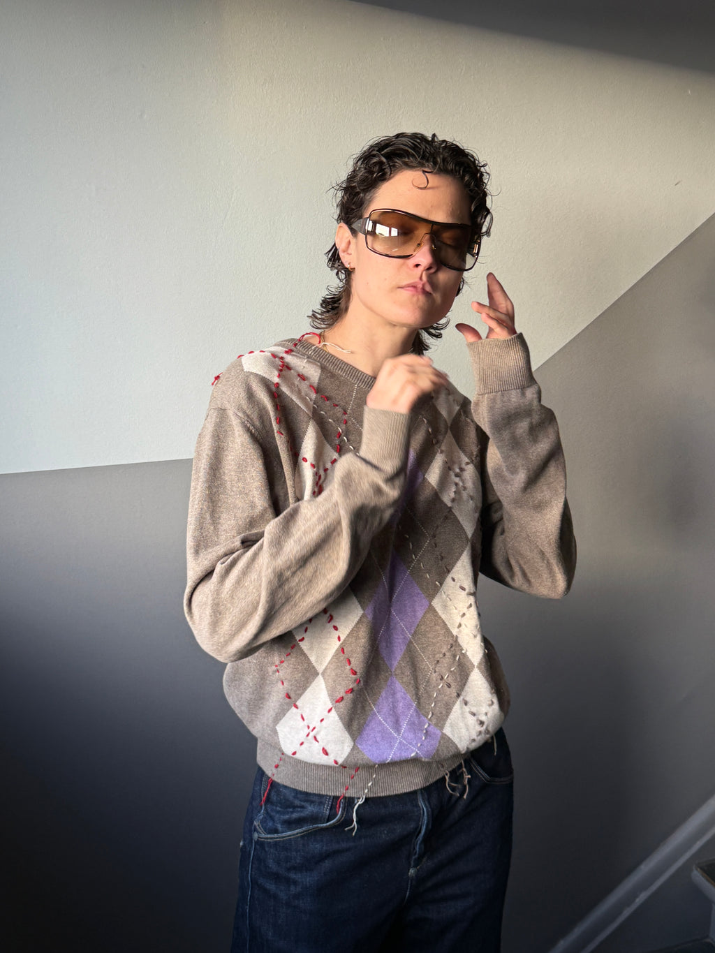 BEIGE ARGYLE KNIT – SIZE L